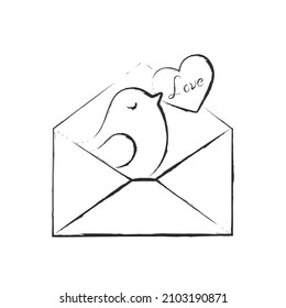 hand drawn bird in envelope with love message. love message. romantic and love symbol. sketchy vector element for valentine's day design