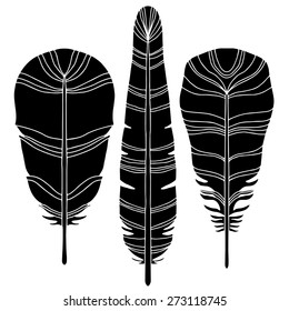 plumas de pájaro dibujadas a mano, siluetas negras encerradas aisladas en fondo blanco. Elementos del libro de texto artístico, boceto