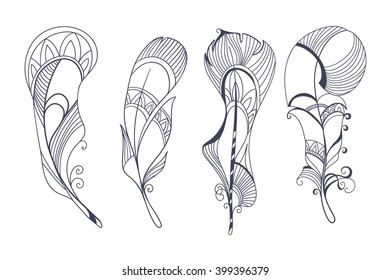 Hand drawn bird feathers closeup isolated on white background set. Boho style. Vector illustration