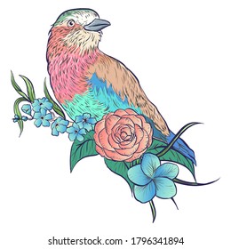 vector de flor y pájaro dibujado a mano