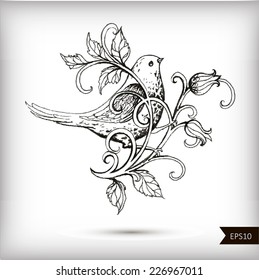 Hand drawn bird with flowers