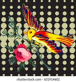 Hand drawn bird flying with flower roses tropical vintage print, halftone dots  pattern retro background vector illustration for design, fashion, shirt, textile, greeting card, invitation, wedding