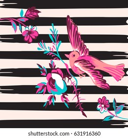 Hand drawn bird flying with flower roses tropical vintage print, stripes pattern retro background vector illustration for design, fashion, shirt, textile, greeting card, invitation, wedding