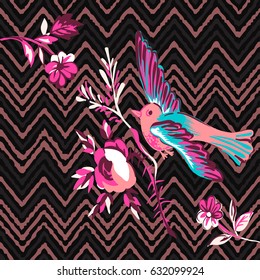 Hand drawn bird flying with flower roses tropical vintage print, stripes zigzag pattern grunge retro background vector illustration design, fashion, shirt, textile, greeting card, invitation, wedding