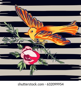 Hand drawn bird flying with flower roses tropical vintage print, stripes pattern retro background vector illustration for design, fashion, shirt, textile, greeting card, invitation, wedding