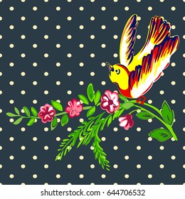 Hand drawn bird flying with flower roses tropical vintage print, halftone dots  pattern retro background vector illustration for design, fashion, shirt, textile, greeting card, invitation, wedding