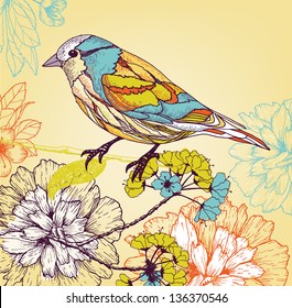 Hand drawn bird in the garden