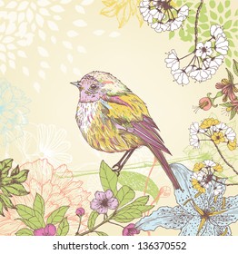 Hand drawn bird in the garden