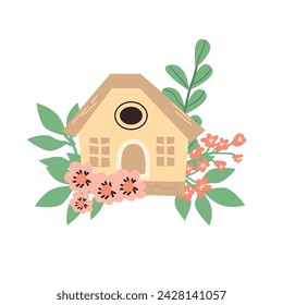 Hand drawn bird house with flower and branch - floral elements. Vector illustration can used for spring or autumn card, summer decor. Cute birdhouse and bouquet. 