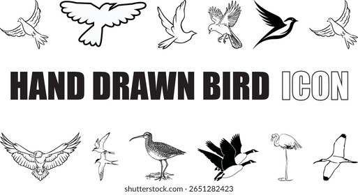 Hand Drawn Bird icon, Bird sketch, Flying Bird and Bird Silhouette vector icon set design.
