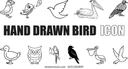 Hand Drawn Bird icon, Bird sketch, Flying Bird and Bird Silhouette icon set collection.