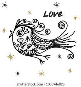 Pájaro dibujado a mano aislado en blanco para pancarta o afiche. Grabado de vacaciones, tarjeta de saludo con pájaro para el día de San Valentín, boda. Ilustración del vector
