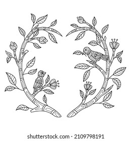 Hand drawn of bird with leaf frame in zentangle style