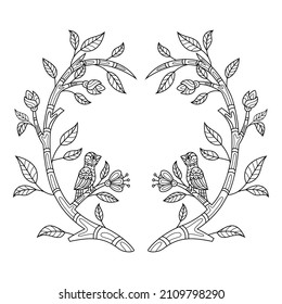 Hand drawn of bird with leaf frame in zentangle style
