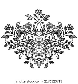 Hand drawn of bird with leaf frame in zentangle style