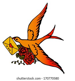 Hand drawn bird with a letter