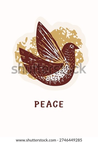 Hand drawn bird lino cut style peace greetings card. Animal design for fall autumnal sentiment print . Isolated flat vector illustration for wellbeing minimal handmade cute songbird nature sticker
