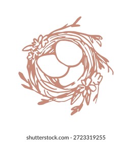 Nido de pájaro dibujado a mano con ilustración de huevos en estilo de arte de línea terrosa suave. Diseño de Vector orgánico mínimo aislado sobre fondo blanco para primavera, naturaleza, maternidad, marca ecológica y papelería