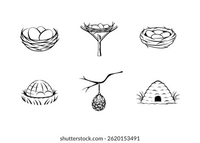 Hand drawn bird nests and beehive vector set in black and white