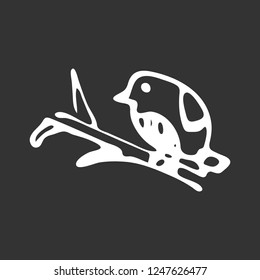 Hand drawn bird on the branch doodle. Sketch winter icon. Decoration element. Isolated on black background. Vector illustration.