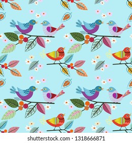 Hand drawn bird on branch pattern. 
