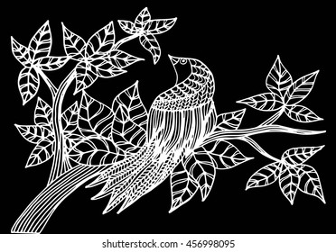 Hand drawn bird  on a branch of a blossoming tree. Coloring page
