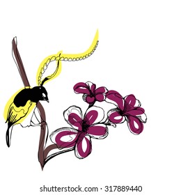 Hand drawn bird on a bunch of flower. Vector background.