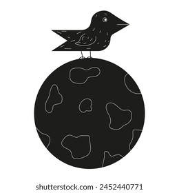 Hand Drawn bird on the moon silhouette in contemporary Brazilian Cordel Style isolated white background. Simple Doodle Bird. Grunge Woodcut vector aesthetic can used t-shirt print, card cover design. 