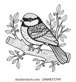 Hand drawn bird on the tree coloring page, vector printable worksheets for preschool.