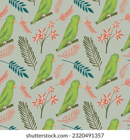 Hand drawn bird pattern on flower and leaves background