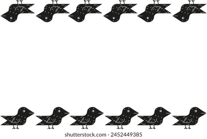 Hand Drawn bird silhouette Frame in contemporary Brazilian Cordel Style isolated transparent background. Engraving Doodle Bird. Grunge Woodcut vector aesthetic can used Web banner template design. 