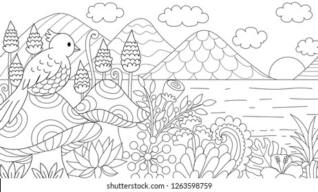 Hand drawn of bird sitting on the mushroom viewing the beautiful of nature. For coloring book, coloring page, colour picture. Vector illustration