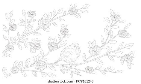 Hand drawn bird is sitting on the branch of blooming sakura tree. Sketch. 