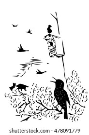 Hand drawn bird sitting on branch under nesting box