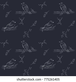 Hand drawn bird sitting on tree branch. White illustration vector on dark background. Nature, seamless pattern, wedding, invite, card, cover, print, fabric, textile, backdrop.