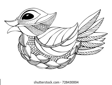 Hand drawn bird. Sketch for anti-stress adult coloring book in zen-tangle style. Vector illustration  for coloring page.