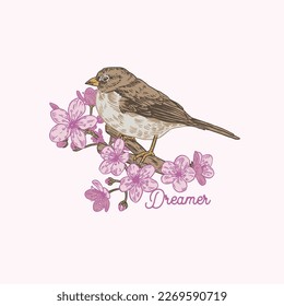 HAND DRAWN BIRD SPARROW BRANCH CHERRY BLOSSOM FLOWER FLORAL NATURE ANIMAL VINTAGE TSHIRT TEE PRINT FOR APPAREL MERCHANDISE
