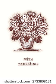 Pájaro dibujado a mano con florero de primavera para el motivo de bendición. Diseño de pegatinas gráficas de Vector aisladas en blanco y negro. Tarjeta de oración de Semana Santa de Pascua. Estética inspiradora cristiana religiosa bonita