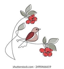 Hand drawn bird vector. One line continuous branch with leaves and red berries. Cartoon linear illustration, minimal icon, print, banner, card, poster, brochure, doodle, sign, outline symbol.