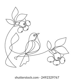 Hand drawn bird vector. One line continuous branch with leaves and berries. Cartoon linear illustration, minimal icon, print, banner, card, poster, brochure, doodle, sign, outline symbol.