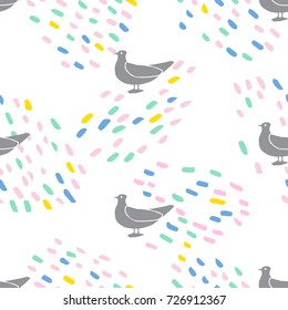 Hand drawn birds and abstract brush strokes vector pattern. Colorful kids background.