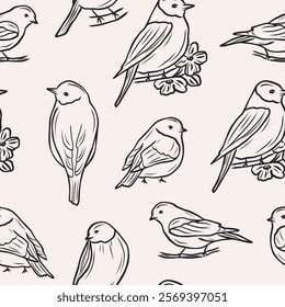 Hand drawn birds background. Whimsical illustration