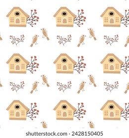 Hand drawn birds and birdhouse pattern with floral elements. Vector illustration isolated. Can used for wrapping paper, textile, clothes. greeting card, wallpapers. 