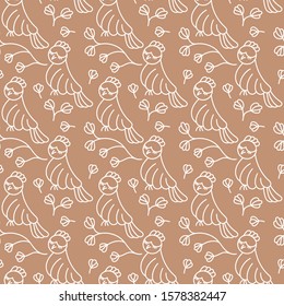 Hand drawn birds, Branches with flowers. Line art, graphics. Vector seamless patttern .