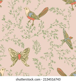Hand drawn birds, butterflies, and greenery in soft colors on a pale background. Seamless repeat vector pattern. Great for fashion, textiles, surface textures, giftwrap, wallpaper.