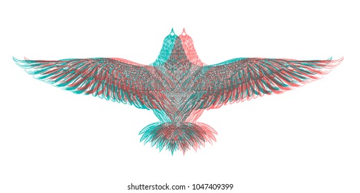 Hand drawn birds with chromatic aberretion. Detailed drawing eagle for colorful tattoo art . Boho chic.Vector illustration. Flight of falcon. Print for t shirt. Vector isolated illustration.