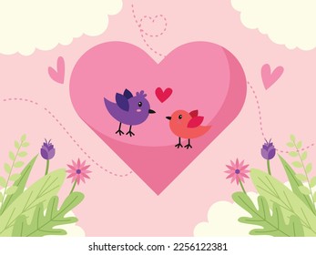 Hand Drawn of Birds Couple Love. Valentine's Day Vector Illustration.