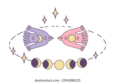 Hand drawn birds day and night, moon phases, stars. Mystic print for tee, sticker, card, poster. Isolated vector illustration for decor and design.


