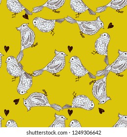 Hand drawn birds and feathers vector seamless pattern. Textile and wrapping surface design template. 