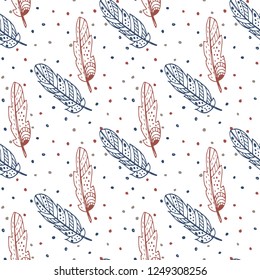 Hand drawn birds and feathers vector seamless pattern. Textile and wrapping surface design template. Print for home textile. 